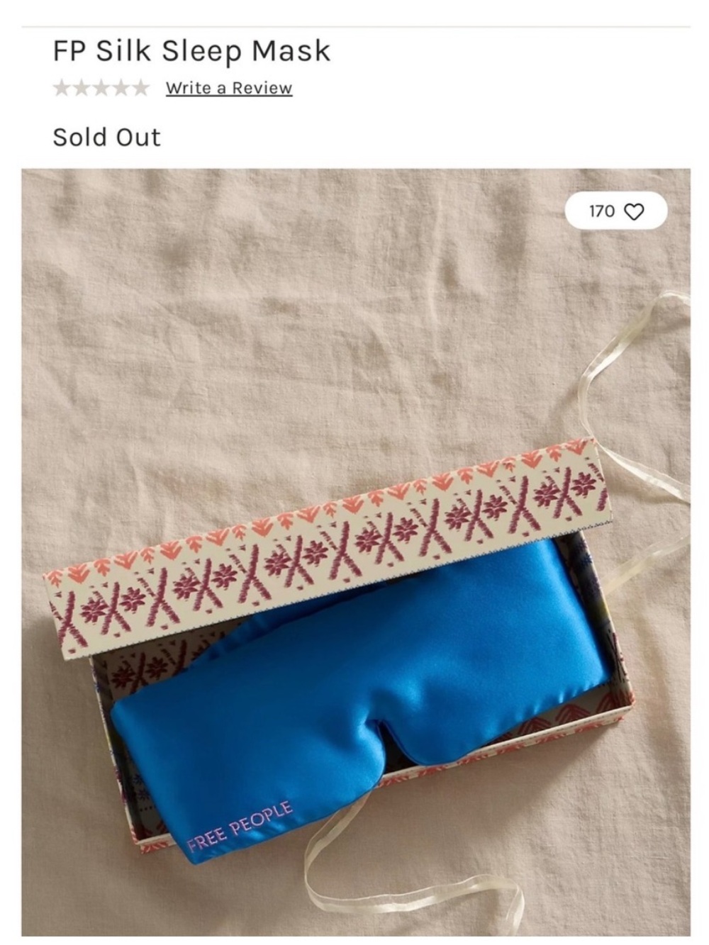 Free People Bright Blue Silk Sleep Mask with Logo